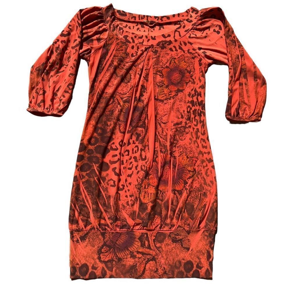FAVE y2k Orange Patterned Dress W/ Cinced Bottom Size Medium